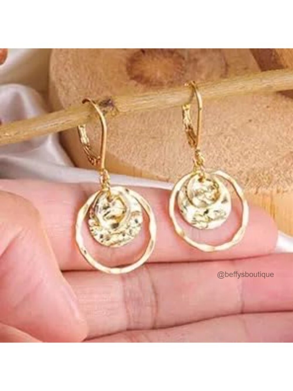 Hand-Hammered Gold Disc Dangle Earrings, Hypoallergenic Leverback - Picture 4 of 5